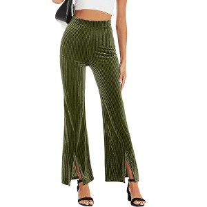 Women's Flare Velvet Corduroy Leggings Elastic High Waist Bootcut Pants Front Split Ribbed Yoga Casual Pants - 1 of 4