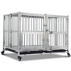 48" Heavy-Duty Mobile Dog Cage with Locking Wheels, Sturdy and Durable Stainless Steel Kennel Cage, with Double Doors and a Removable Tray, Foldable - 1 of 4