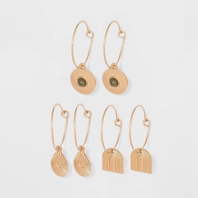 Geometric Semi-Precious with Labradorite Charm Hoop Earring Set 3pc - Universal Thread™ Worn Gold