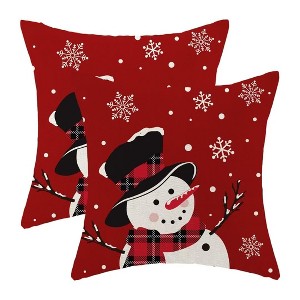 Snowman Christmas Pillow Covers 18x18 Inch Set of 2, Red Background White Snow Snowman - 1 of 4