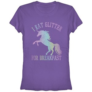 Juniors Womens Lost Gods Glitter Breakfast Unicorn T-Shirt - 1 of 3