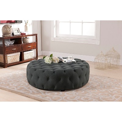 Elysian Dark Gray Linen Round Tufted Ottoman with Eucalyptus Wood