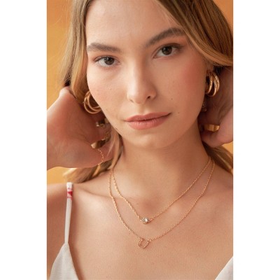 Slickblue Gold Layered Horseshoe Necklace, Faux Diamond Charm, "Good Luck" Pressed, 18-20 Inch Length
