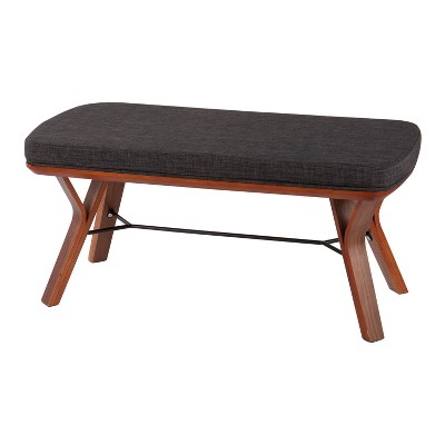 Walnut Wood and Charcoal Fabric Mid-Century Modern Bench