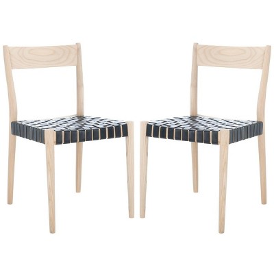 Modern Black Leather and Natural Wood Side Chair Set