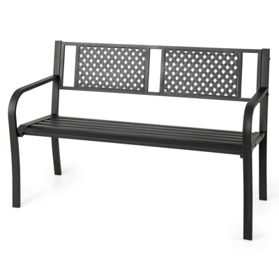 Tangkula Patio Metal Bench Garden Bench with Backrest Curved Armrests Slatted Seat for 2-3 Persons