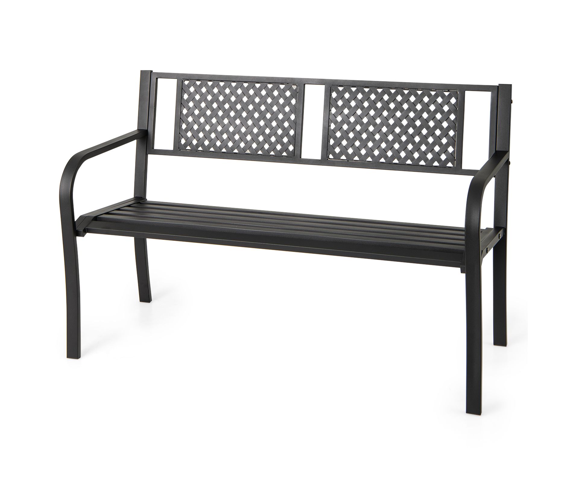 Tangkula Patio Metal Bench Garden Bench with Backrest Curved Armrests Slatted Seat for 2-3 Persons