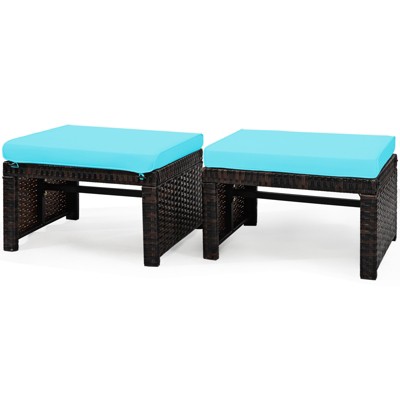 Tangkula 2 PCS Outdoor Wicker Ottoman Patio Rattan Furniture Metal Footrest Seat Square Footstool with Cushion