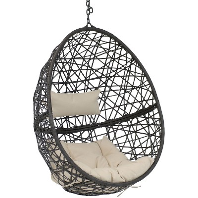 Sunnydaze Outdoor Resin Wicker Patio Caroline Lounge Hanging Basket Egg Chair Swing with Cushions - Beige - 2pc