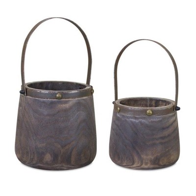 Melrose Natural Wooden Pail Planter (Set of 2)