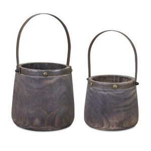 Natural Wooden Pail Planter with Metal Handle Accent (Set of 2) - 1 of 4