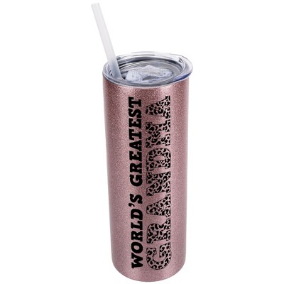 Elanze Designs Leopard Pattern Bubblegum Pink 20 Ounce Double Wall Stainless Steel Glitter Travel Tumbler With Sliding Lid And Straw, World's Greatest
