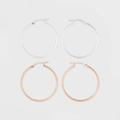 Two-Tone Sterling Silver Hoop Fine Jewelry Earring Set 2pc - A New Day™ Silver/Rose Gold