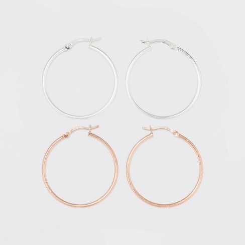 Two-Tone Sterling Silver Hoop Fine Jewelry Earring Set 2pc - A New Day™  Silver/Rose Gold