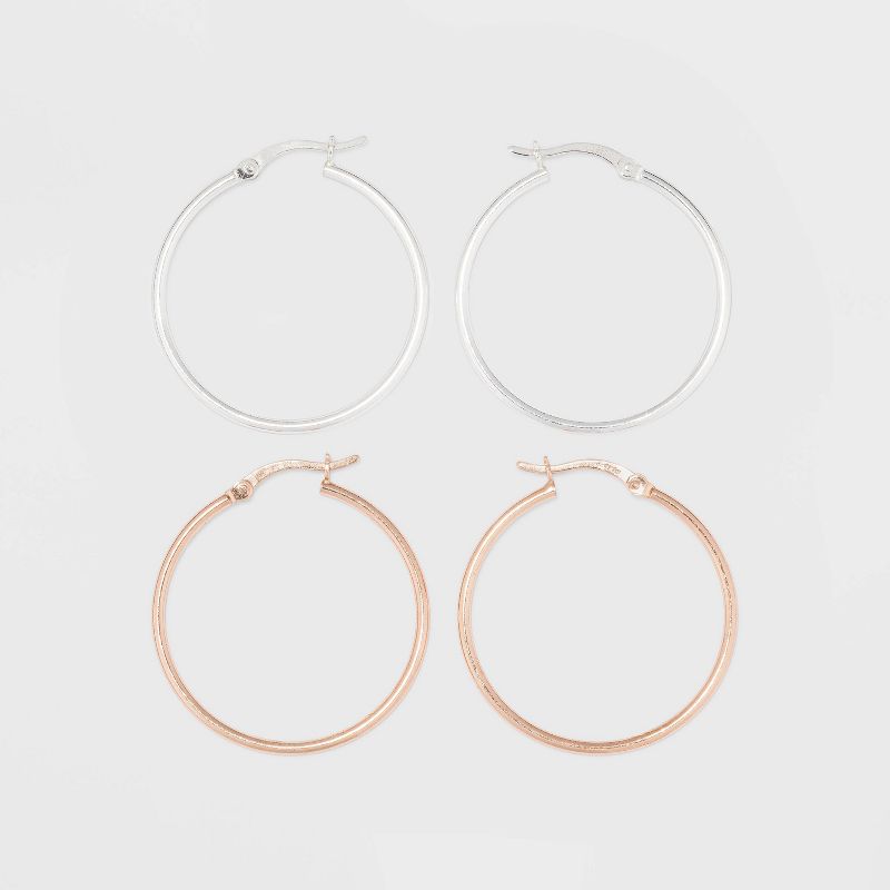 Two-Tone Sterling Silver Hoop Fine Jewelry Earring Set 2pc - A New Day&#8482; Silver/Rose Gold, 1 of 7