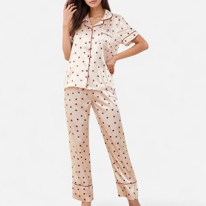 Anna-Kaci Lounge Women's Satin Pajama Set with Short Sleeve Notch Collar Button-Up Top and Polka Dot Wide Leg Pants - 1 of 4