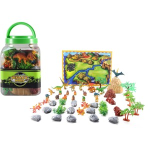 JuzToys 50pcs Dinosaur Toys for Kids – Dino Toys with Mini Dinosaur Figures Including T-Rex, Stegosaurus, Monoclonius, and Playmat – Green/Brown - 1 of 2