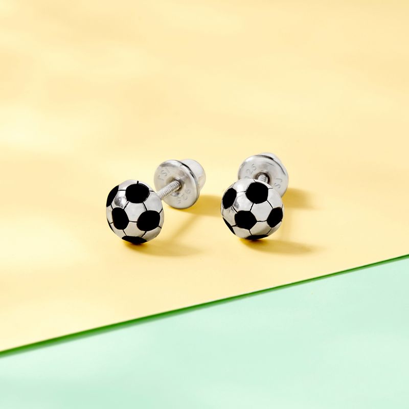 Girls' Enamel Soccer Ball Screw Back Sterling Silver Earrings - In Season Jewelry, 6 of 7