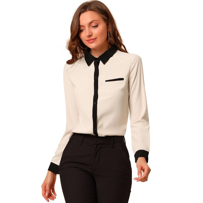 Allegra K Women's Contrast Collar Chiffon Long Sleeve Work Office Blouse, 1 of 8