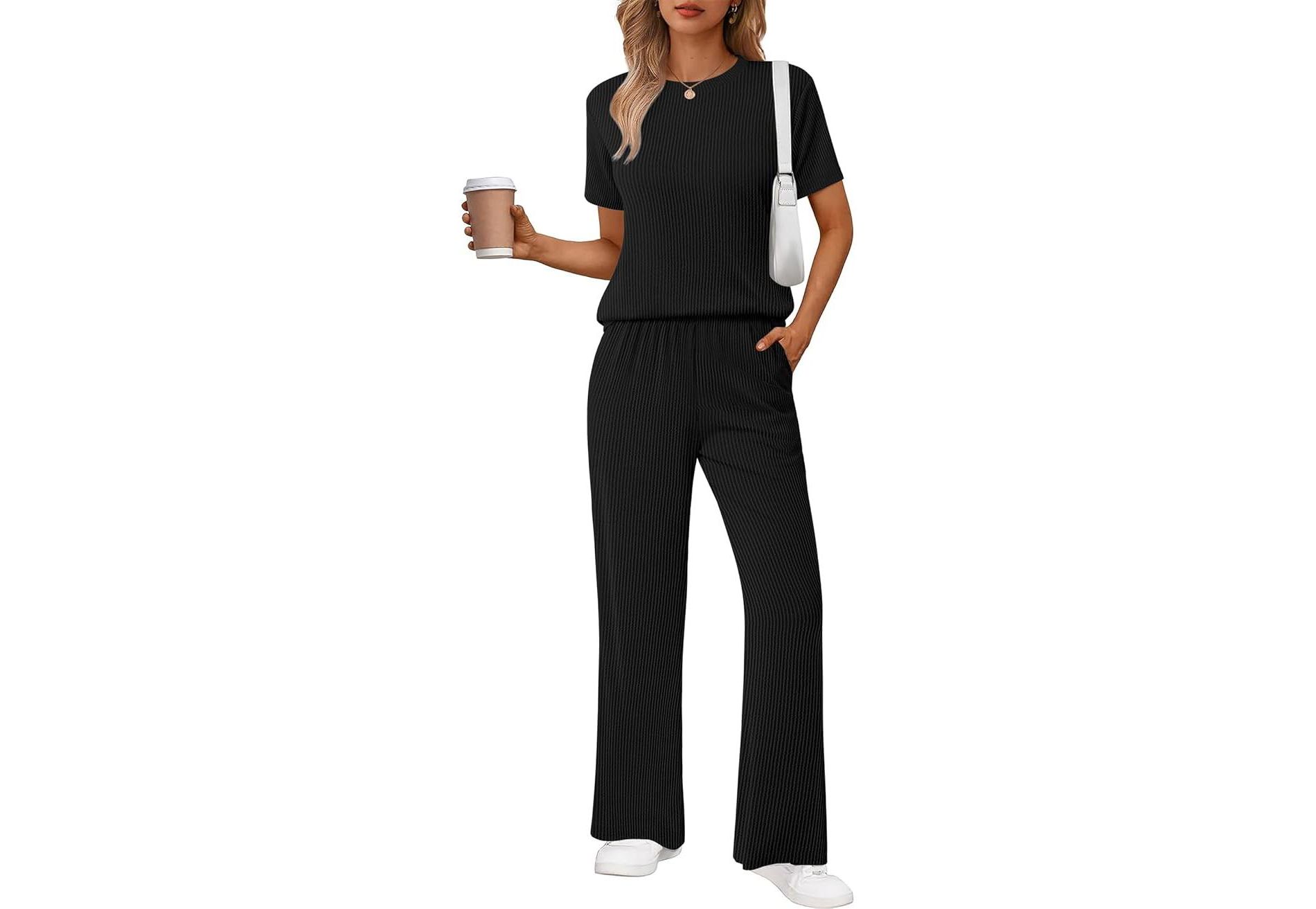 Ekouaer Lounge Sets for Women 2 Piece Matching Travel Outfits 2026 Loose Short Sleeve Top Wide Leg Pants Pockets