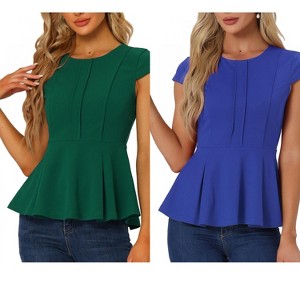 INSPIRE CHIC Women's Elegant Round Neck Cap Sleeve Solid Color Peplum Blouses 2 Packs - 1 of 4