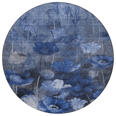 Navy Blue And Denim Blue Floral Washable Indoor Outdoor Area Rug