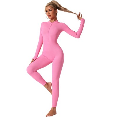 Allegra K Women's Stand Collar Ribbed One Piece Workout Fitness Full Body Shapers with Front Zipper