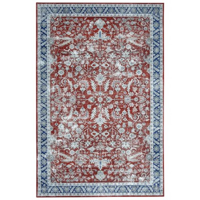 Washable Vintage Rug Non Slip Low Pile Rug Soft Throw Floor Cover Floral Foldable Indoor Carpet for Living Room Bedroom Playroom Nursery