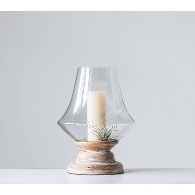 16" x 13" Glass Hurricane Candle Holder with Mango Wood Base Natural/Clear - 3R Studios