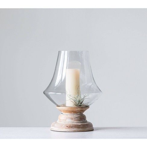 16 X 13 Glass Hurricane Candle Holder With Mango Wood Base Natural/clear  - Storied Home : Target