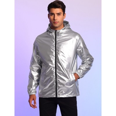 Lars Amadeus Men's Long Sleeves Shiny Party Metallic Hoodie Windbreakers Silver Medium — фото 2