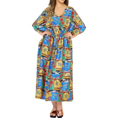LA LEELA Women's House Daily Routine Evening Wear Holiday Casual Loungewear Loose Slit Dress Caftan Long Boho Night Shirts 2X-3X Multicolored, Turtle