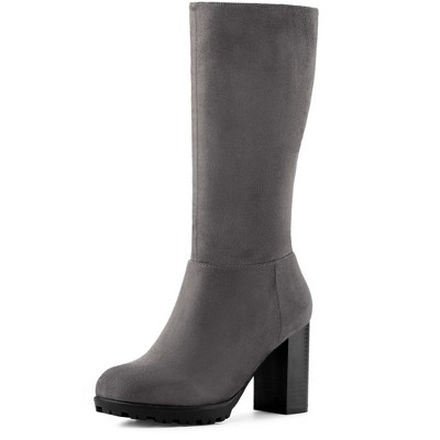 Allegra K Women's Round Toe Zipper Closure Mid-Calf Block Heel Boots