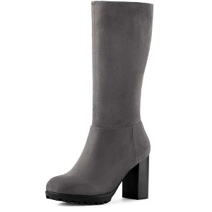 Allegra K Women's Round Toe Zipper Closure Mid-Calf Block Heel Boots - 1 of 4