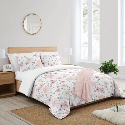 Blush Pink and Gray Floral Microfiber Full Comforter Set