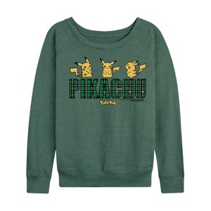 Women's - Pokémon - Plaid Pikachu Lightweight French Terry Wide Neck Long Sleeve Shirt - 1 of 4