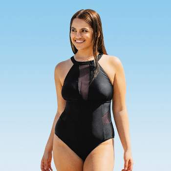Women's Plus Size One Piece Swimsuit Black Mesh High Neck Bathing Suit -Cupshe -Black
