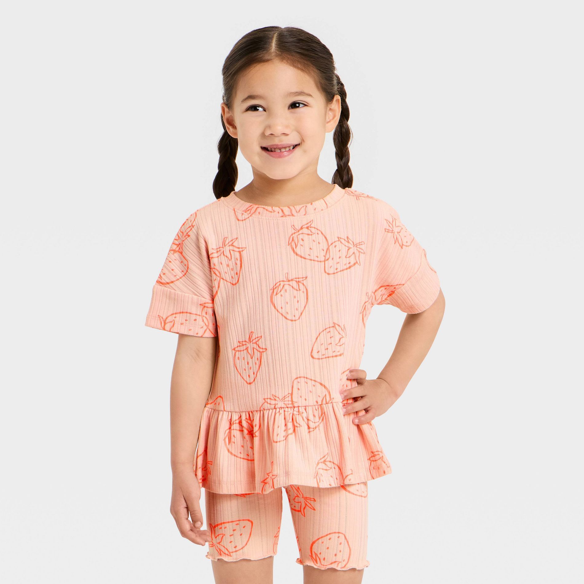 Toddler Girls' Strawberries Pointelle Peplum T-Shirt - Cat & Jack™ Pink 4T