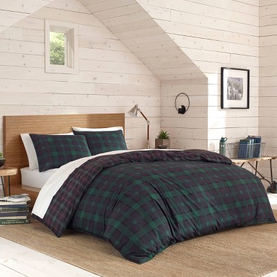 Full/Queen Green Cotton Woodland Tartan Reversible Duvet Cover Set