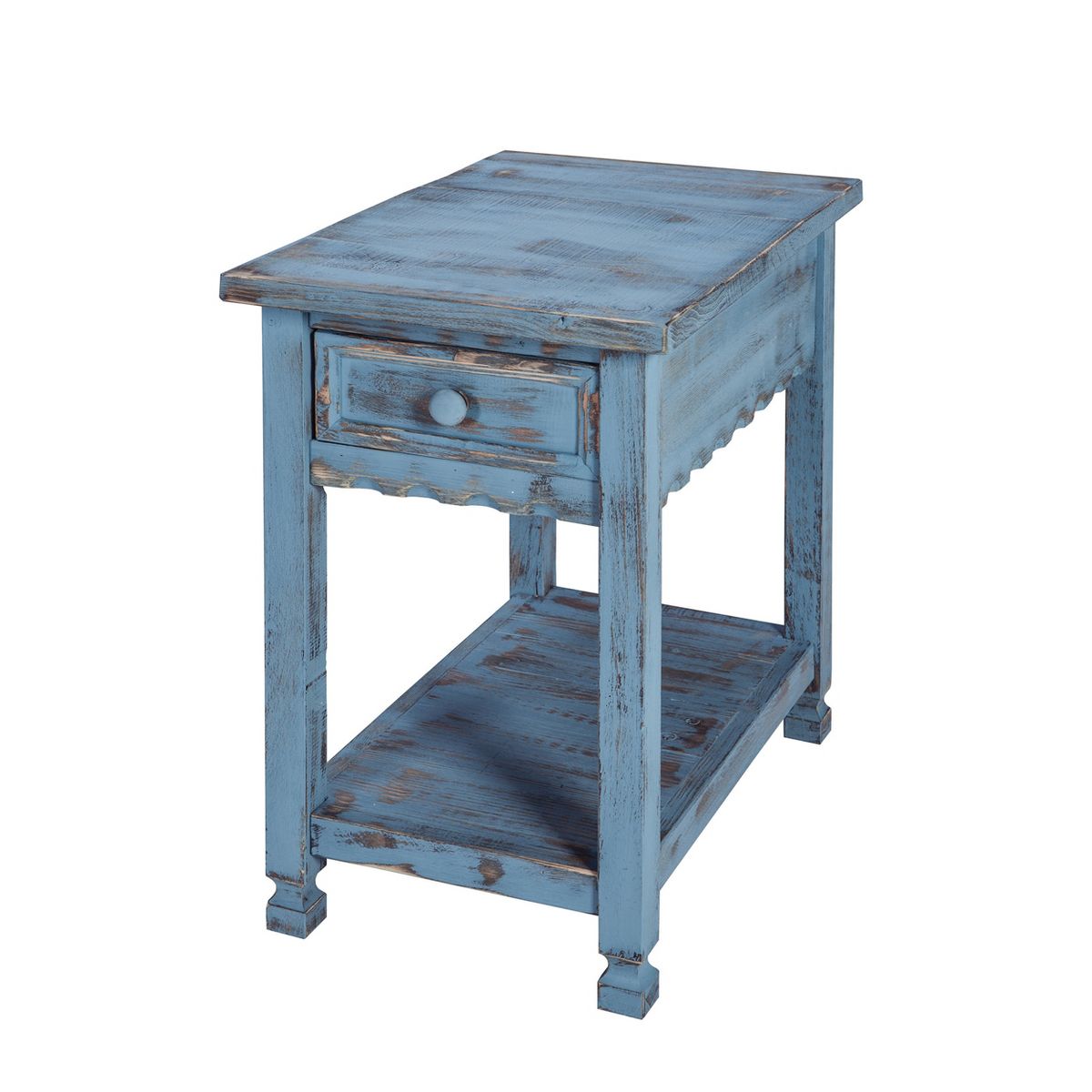 Alaterre Furniture Rustic Cottage Chairside End Table, Shabby Chic Distressed Finish Nightstand with Drawer and Shelf, Antique Blue Finish