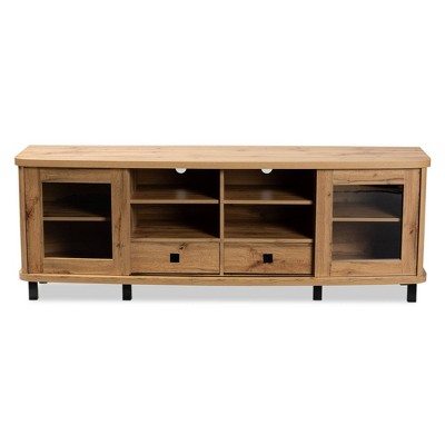 Oak Brown Wood TV Stand with Glass Doors and Drawers