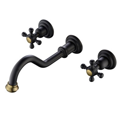 SUMERAIN Wall Bathroom Sink Faucet, Classic Lavatory Vessel Sink Faucet with Valve, Black and Gold