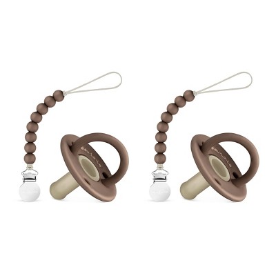 Image of Lulababe Pacfier and Clip Set - Soft Medical Grade Silicone Paci and Clip Holder Newborns and Infants - Mocha + Tan, Stage 1  (0-6m) - 2 Sets