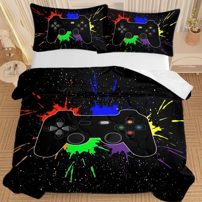 Boersma Black Video Game Comforter Set – Colorful Game Controller Bedding for Kids & Teens, 3-Piece Set, Boys Girls Room Decor