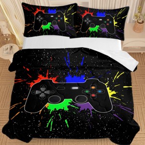 Boersma Black Video Game Comforter Set – Colorful Game Controller Bedding for Kids & Teens, 3-Piece Set, Boys Girls Room Decor - 1 of 4
