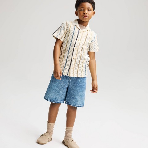 Cat & Jack Boys' Short Sleeve Crochet Striped Button-Down Shirt - Cat & Jack™ Cream M