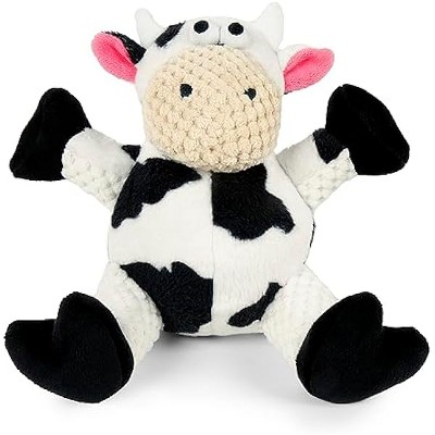 goDog Checkers Sitting Cow Squeaky Plush Dog Toy, Chew Guard Technology - White, Small