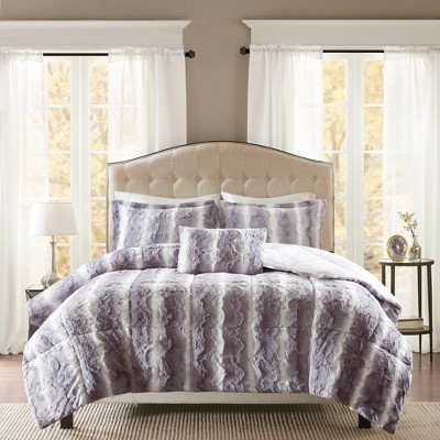 Twin Gray Faux Fur Comforter and Sham Set