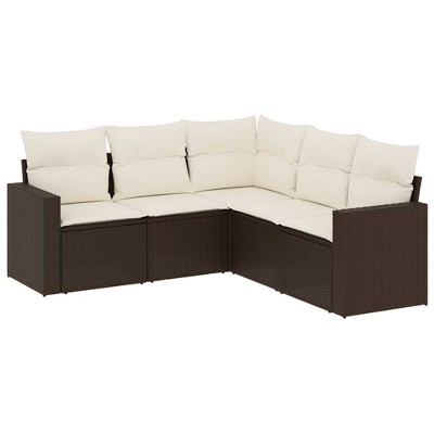 vidaXL Patio Sofa Set with Cushions Outdoor Furniture 5 Piece Poly Rattan - Brown and Cream Without Table