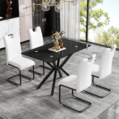 Syemin Rectangle End Table Coffee Table with Tempered Glass Top and Metal Legs for Modern Living Room, Black, 47.24"*27.56"*29.53"